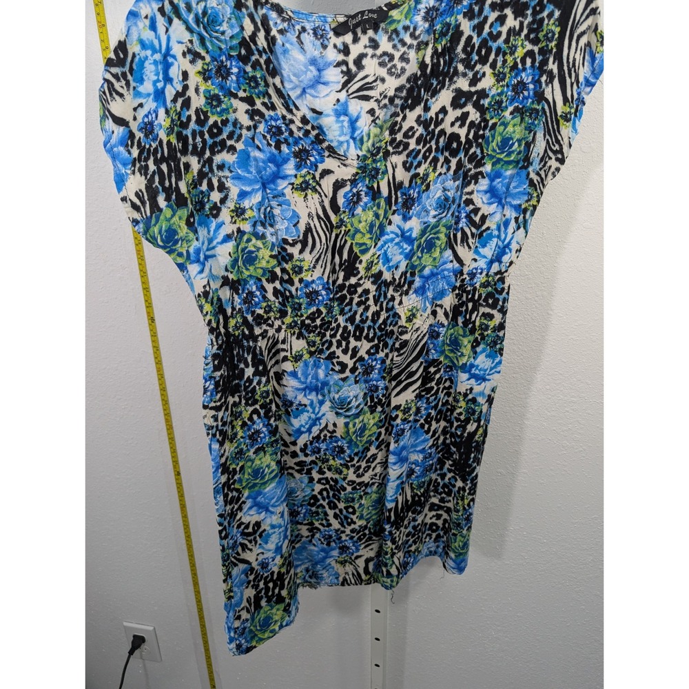 Just Love Womens Floral Animal Print V-Neck Empire Waist Tunic Top Blue Green L